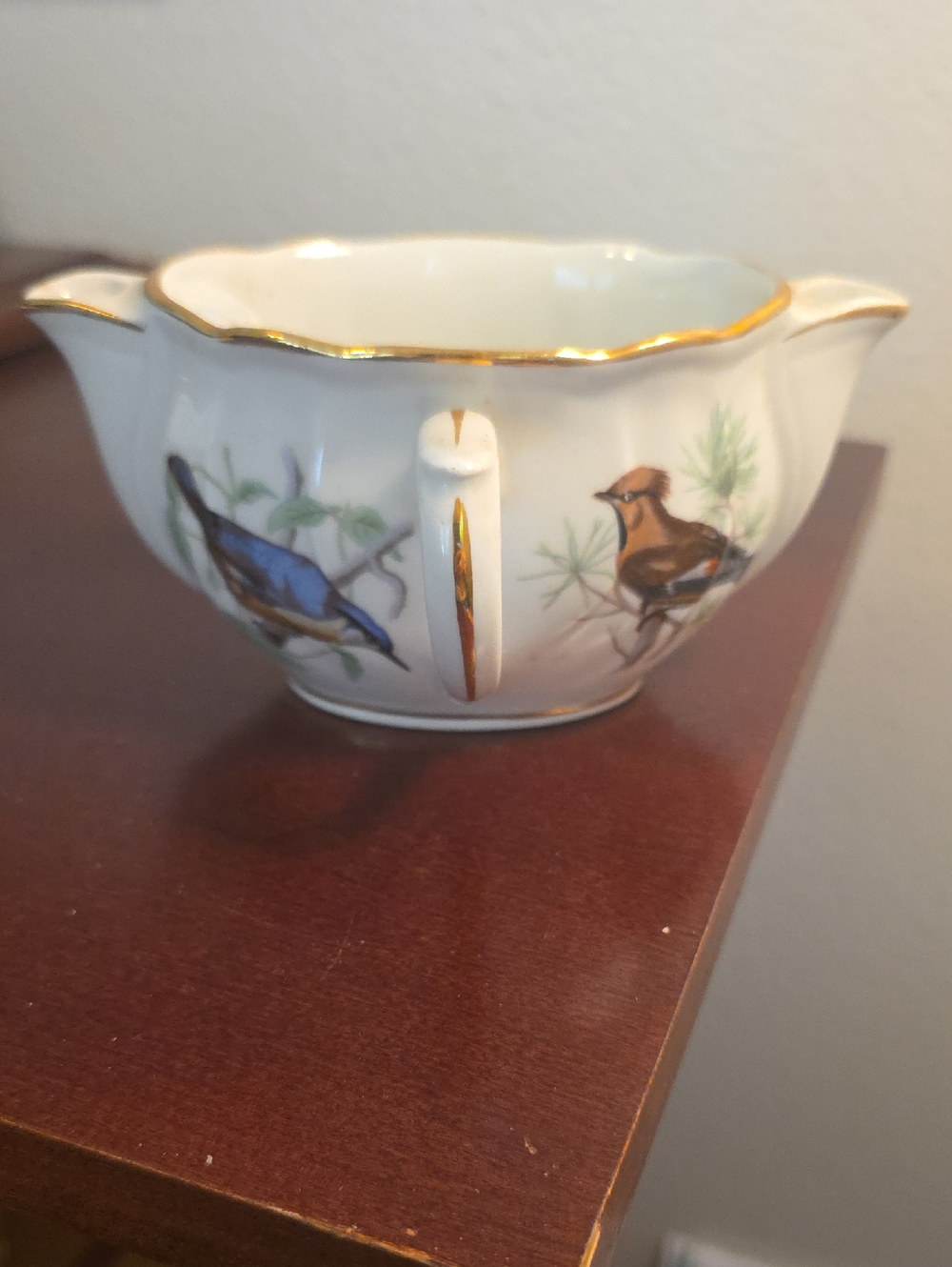 Porcelain Bird-Illustrated Gravy Bowl with Gold Trim - White and Multicolor